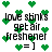 Green pixelated hearts float over black text reading 'love stinks get air freshener = ]' on a white background.