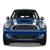 Pixelated blue car with black roof and headlights, viewed from front with visible grille and bumper details.