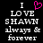 Black background with white pixelated text reading "I LOVE SHAWN always & forever" and a pink heart symbol replacing the word 'love' in one version.