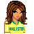 Pixelated image of a girl in a yellow Hollister shirt with brown hair, a green and yellow outfit with a pink flower, and a green smiley face on blue background.
