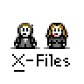Animated contact sheet of 12 frames showing a pixel art character with blonde hair and gray suit interacting with yellow dog-like figures against a gray background, each frame labeled "X-Files" below the icon.