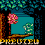 Pixel art scene with a green character, pink flower, and blue background under tree branches.