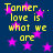 Yellow text on dark blue background with pink stars, repeating 'Tanner. love is what we are' in four identical sections.