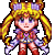 Pixel art character with blonde pigtails and purple hair accessories in multiple poses including standing, casting blue energy spheres, and forming circular light effects.