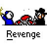 Pixel art animation contact sheet showing five frames of a revenge-themed buddy icon with two characters and repeated text.