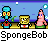 Pixel art contact sheet showing three frames of a SpongeBob SquarePants animated buddy icon with character sprites and text labels.
