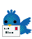 Blue pixelated bird holding white card with red square and unreadable text, displayed in on gray background