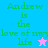 Green text reads "Andrew is the love of my life" on a blue background with a pink star, transitioning to a light blue background with no star.