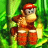 Pixelated character in red cap and pants stands against green foliage background, holding a brown object.