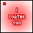 A 4x4 contact sheet of animated frames showing a red gradient background with the text "I LOATHE YOU" in pixelated font, featuring small circular icons at top corners that change color and style across frames.