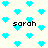 Pixelated cyan hearts fill a light background with four instances of the text 'sarah' in black pixelated font scattered across the image.