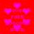 Red background with pink pixelated hearts and repeated text 'love rabb ooooo much' in varying positions.