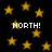 Black background with scattered yellow stars and four instances of the text 'NORTH!' in white pixelated font.