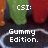 Pixelated image with text 'CSI: Gummy Edition.' over a blurred background of green, red, and brown shapes.