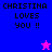 Pixelated text 'CHRISTINA LOVES YOU !!' on blue and pink backgrounds with a star symbol.