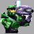 Pixelated green armored figure with purple helmet and glowing blue visor holding large dark weapon against gray background