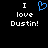 Black background with white pixelated text reading "I love Dustin!" and a blue pixelated heart symbol above the word "love" on the left side.