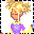 Animated pixel art of a blonde character in a purple top with blue text overlays, transitioning to different hairstyles and a brown-haired character in the final frame.