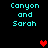 Pixelated cyan text 'Canyon and Sarah' appears in four positions on a black background with red heart symbols in different locations across frames.