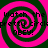 Four identical spiral patterns with alternating pink and dark green rings, each containing the text "Watch the pretty circle OBEY!" in black pixelated font.