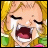 Pixelated anime-style image of a blonde character with closed eyes and tears streaming from eyes, mouth open in a scream, wearing green and pink clothing against a black background with text.