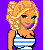Pixel art of a blonde woman in a blue-and-white striped dress against purple background, with 'Blondie' text below.