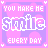 Pixelated text repeats across a of pink and purple with soft cloud shapes, each displaying "YOU MAKE ME smile EVERY DAY" in white block letters