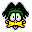 Pixel art character with green hair, black side tufts, yellow beak-like mouth, and white eyes showing various expressions including tongue out, closed eyes, pink blush, open mouth, and wide eyes.
