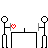 A sequence of stick-figure animations showing two figures at a table with red heart symbols appearing and changing position.