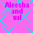 A static image with a bright pink background and cyan diamond-shaped patterns, featuring repeated text "Aleesha and val" in bold magenta letters.