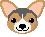 Pixelated dog head with brown, white, and gray fur; two expressions show closed mouth and open mouth with pink tongue.