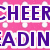 Pink background with white polka dots, purple text fragments and symbols including 'CHEER', 'EADIN', '+', '=', 'ME!!' in pixelated font.