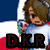 Pixelated anime-style character with brown hair and red eyes, wearing white shirt and brown gloves, holding a green-and-red object against a blue-white-red background with 'D.K.R' text.
