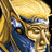 Pixelated image of a character with blonde hair and blue clothing, holding an object near their face against a dark background.