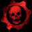 Red pixelated skull with black eye sockets and nasal cavity, surrounded by a red circular frame on solid black background.