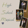 Static image of 'High School Musical' text with heart symbols and multiple photo collages of characters in various poses.