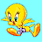 A 6-frame animated contact sheet of a yellow cartoon bird character in various running poses against a solid light blue background.