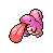 Pixel art animation of a pink cartoon creature with yellow belly, red tongue, and brown outline in six sequential frames showing tongue movement.