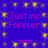 Blue background with yellow star-like shapes, purple text reading "Justine Forever!" repeated twice in a pattern