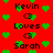 Red background with green pixelated hearts and repeated text 'Kevin', 'Loves', 'Sarah' in black block letters. Each name appears twice per vertical , separated by '<3' symbols