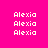 Pixelated text 'Alexia' repeated across a bright pink background with green rectangular overlays in different positions.