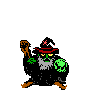Pixelated witch avatar with green skin, red hat, black robe, and green skull prop, shown in four sequential poses with arm and head position changes.