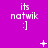 A static image with a solid purple background displays repeated white text 'its natwik :]' and scattered small white symbols including plus signs, stars, dots, and an X.