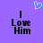 Purple background with black text reading "I Love Him" on both sides and a cyan pixelated heart above the text.