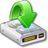 Green arrow pointing downward onto a gray USB drive with two ports and a blue light, rendered in pixelated style.