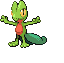 Pixel art of a green reptilian creature with red underbelly, blue wing-like appendages, and yellow eyes in multiple poses against gray background.