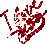Red and white pixelated icon with flowing, abstract shapes resembling stylized hair or ribbons against a gray background.