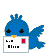 Blue pixelated bird holding white card with red square and black text, displaying multiple facial expressions across frames.