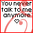 A 48x48 pixel animated buddy icon featuring a red border, white background, and black text reading "You never talk to me anymore" with pink heart-shaped lines and a small heart symbol that changes color between frames.