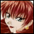 Pixelated anime-style character with red hair and green eyes, wearing a yellow earring, next to black background with white text.